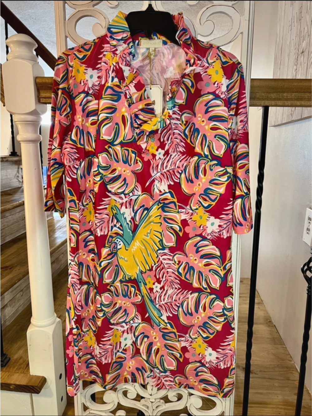 Simply Southern Hot Pink Tropical Parrot Midi Dress
